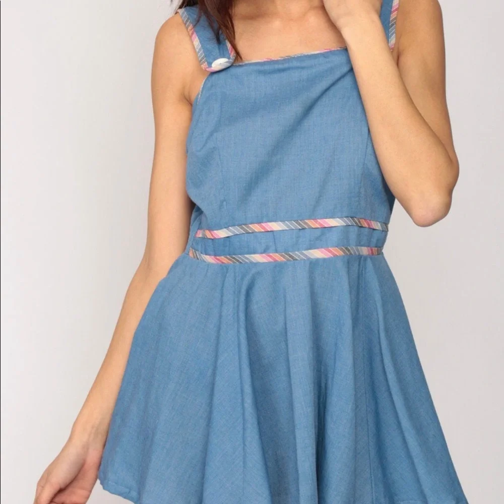 Jumper Dress 70s Mod Mini CHAMBRAY Pinafore Boho 1970s Vintage Medium Large - Picture 3 of 5